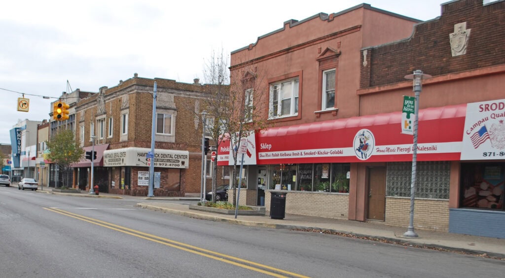 Storefronts along Joseph Campau Avenue in Hamtramck, Michigan