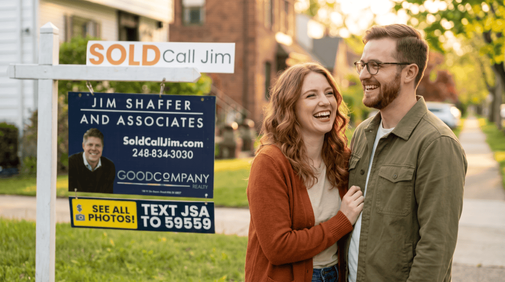 New homeowners outside their Berkley, Michigan home, sold by Jim Shaffer & Associates.