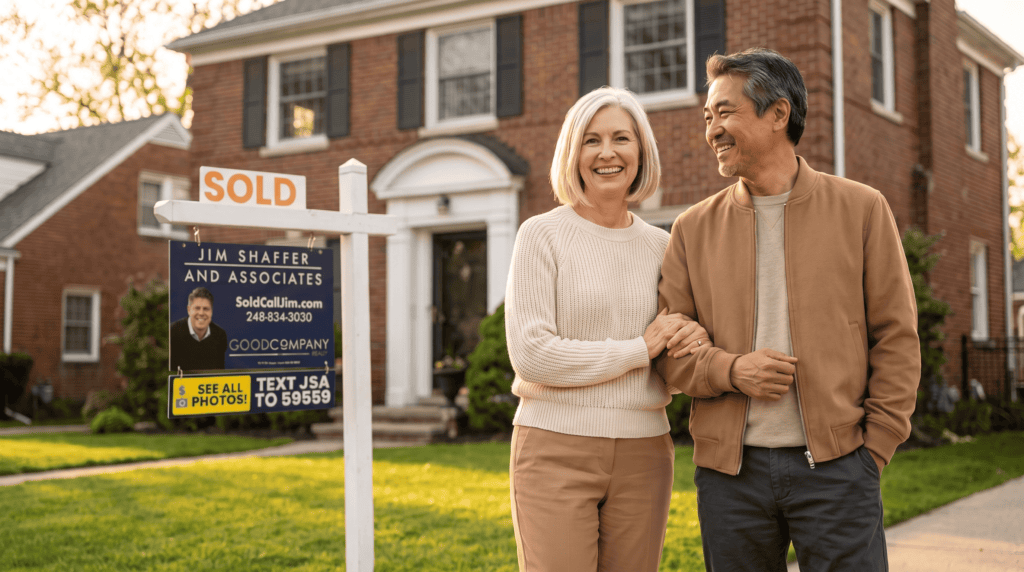 New homeowners outside their Franklin, Michigan home, sold by Jim Shaffer & Associates.
