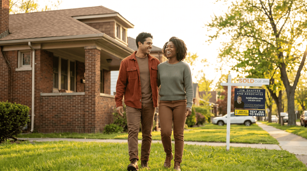 New homeowners outside their Detroit, Michigan home, sold by Jim Shaffer & Associates.