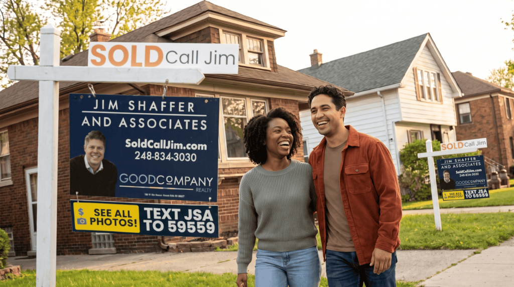 New homeowners outside their Hamtramck, Michigan home, sold by Jim Shaffer & Associates.