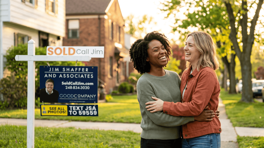 New homeowners outside their Ferndale, Michigan home, sold by Jim Shaffer & Associates.