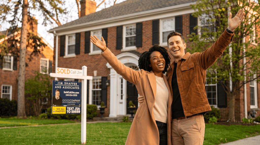 New homeowners outside their Birmingham, Michigan home, sold by Jim Shaffer & Associates.