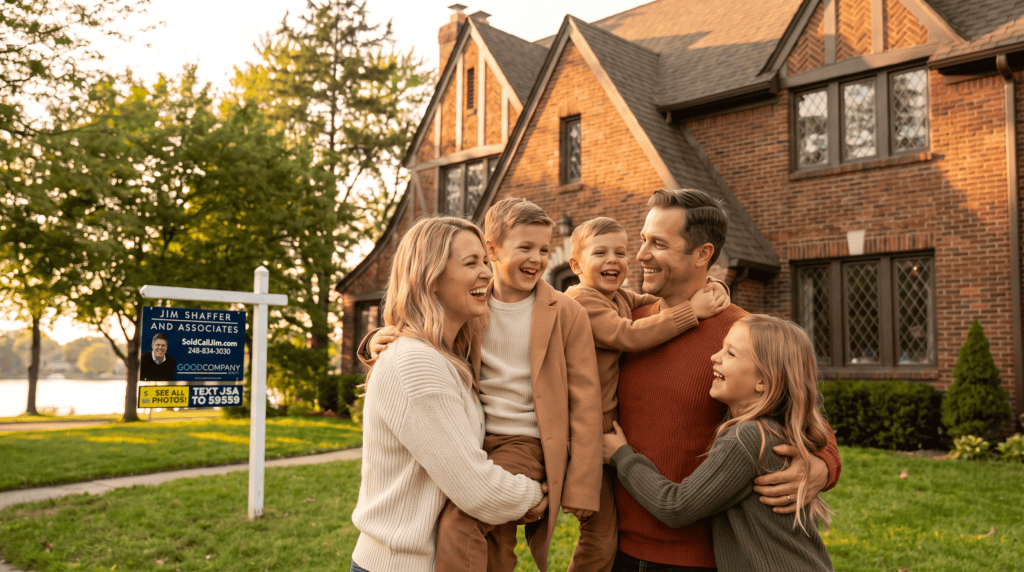 New homeowners outside their Beverly Hills, Michigan home, sold by Jim Shaffer & Associates.