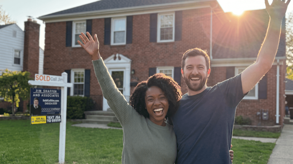 New homeowners outside their Grosse Pointe Farms, Michigan home, sold by Jim Shaffer & Associates.