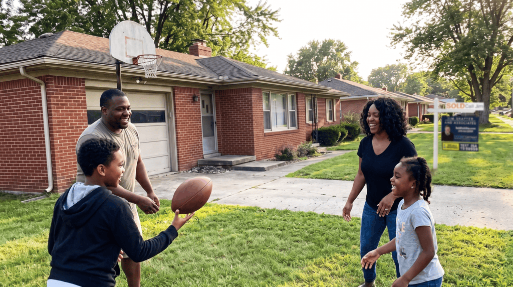A family playing catch in the yard of a brick Allen Park ranch home