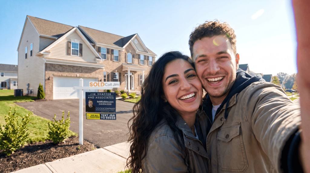A couple taking a selfie in front of a new-build Canton colonial home