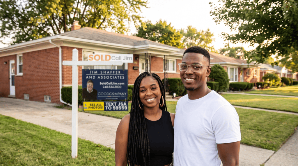 A couple in the front yard of a brick Eastpointe ranch home