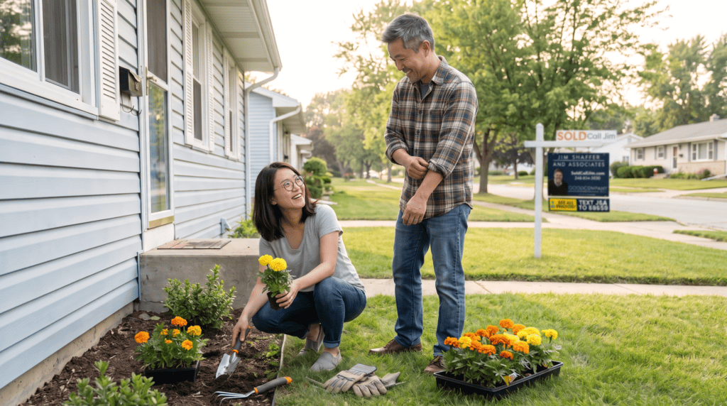 A couple planting flowers in front of their Garden City ranch home