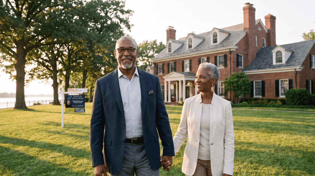 A couple walking on the lawn of a waterfront Grosse Ile colonial home
