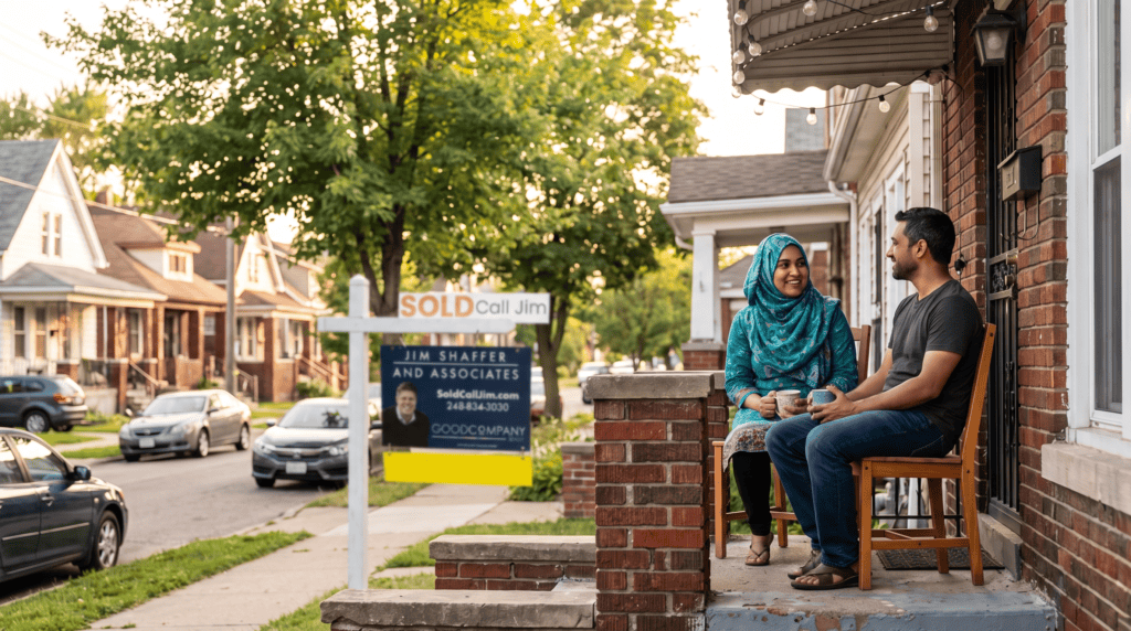 A couple drinking tea on the porch of a brick Hamtramck home