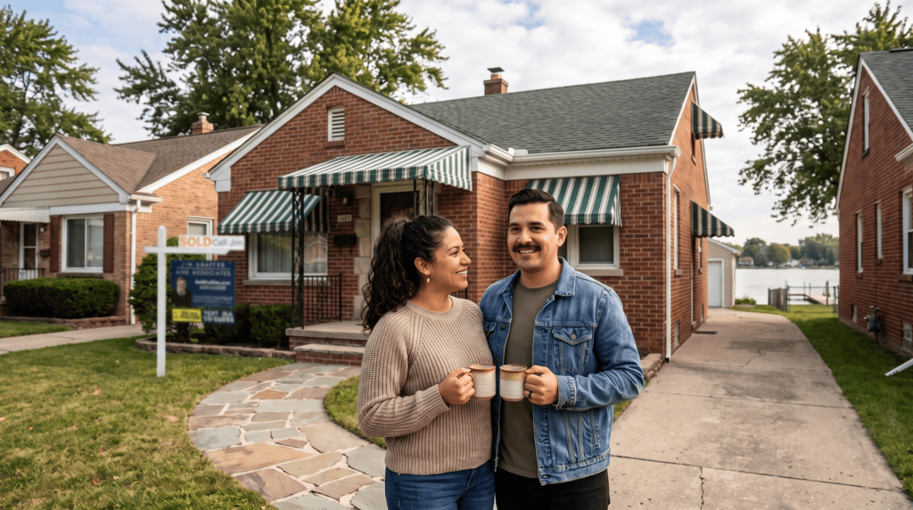 A couple with coffee in front of a Keego Harbor bungalow