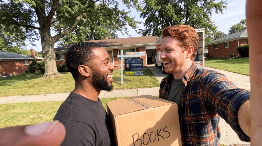 A couple carrying moving boxes in front of a brick Livonia ranch home