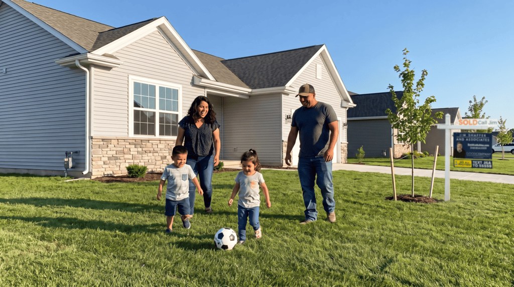 A family playing soccer in the yard of a new-build New Haven home