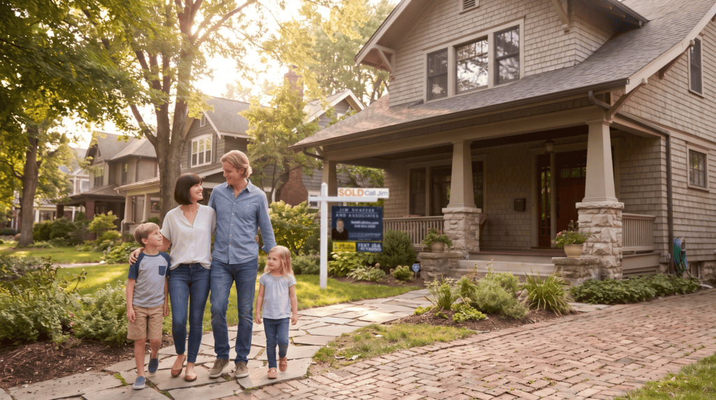 A family walking up to a craftsman home in Plymouth