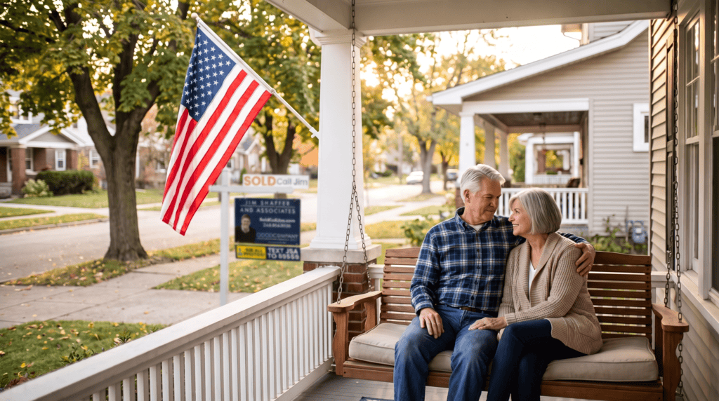 A couple on the porch swing of a Wyandotte bungalow