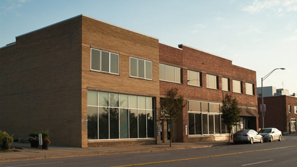 Two-story brick commercial building on a suburban Metro Detroit main street
