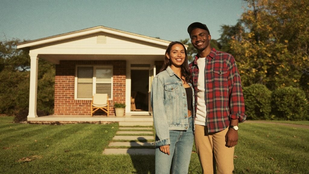Couple standing in the front yard of their brick Metro Detroit home at golden hour