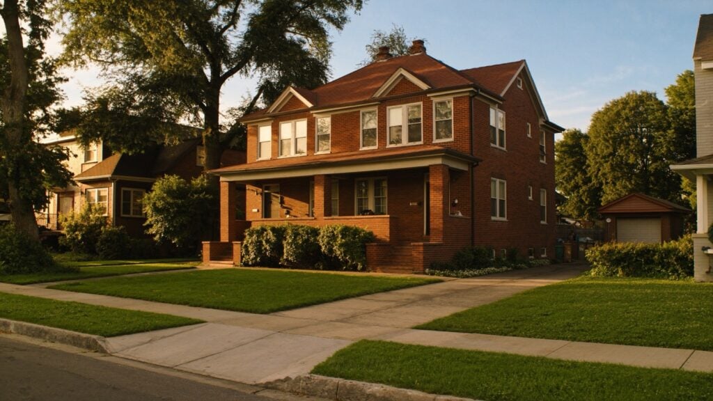 Brick two-family flat on a tree-lined Metro Detroit street at golden hour