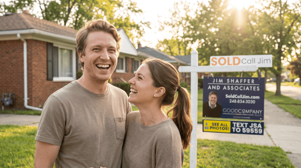 New homeowners outside their Allen Park, Michigan home, sold by Jim Shaffer & Associates.