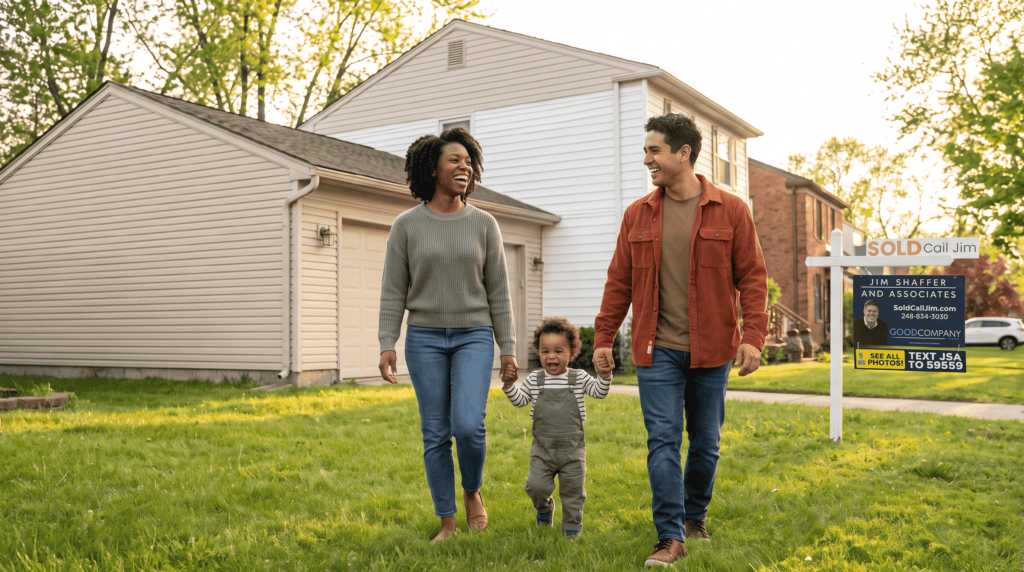 New homeowners outside their Eastpointe, Michigan home, sold by Jim Shaffer & Associates.