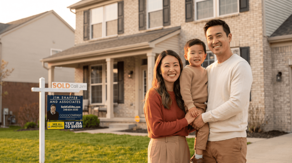 New homeowners outside their Wixom, Michigan home, sold by Jim Shaffer & Associates.