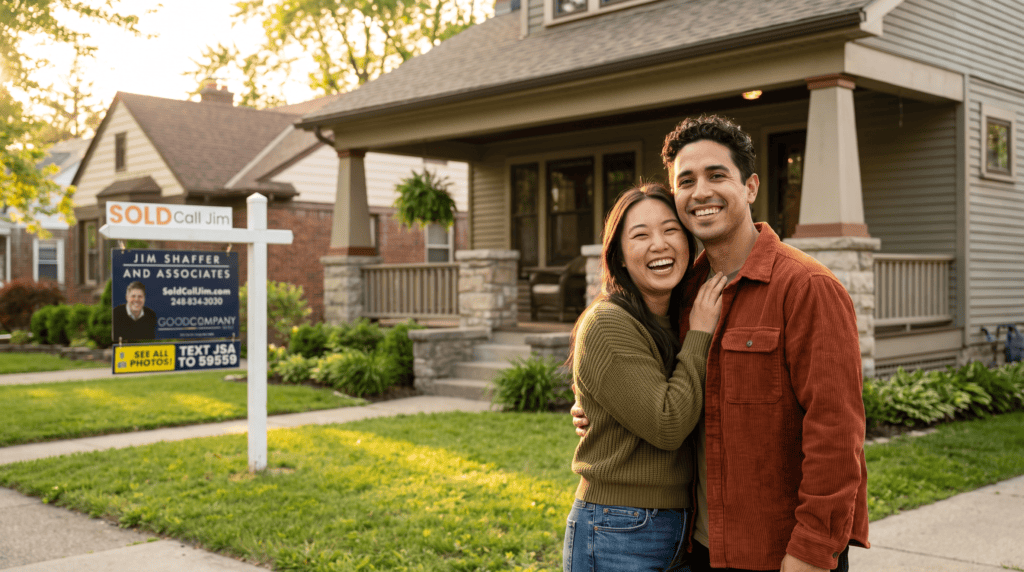 New homeowners outside their Royal Oak, Michigan home, sold by Jim Shaffer & Associates.