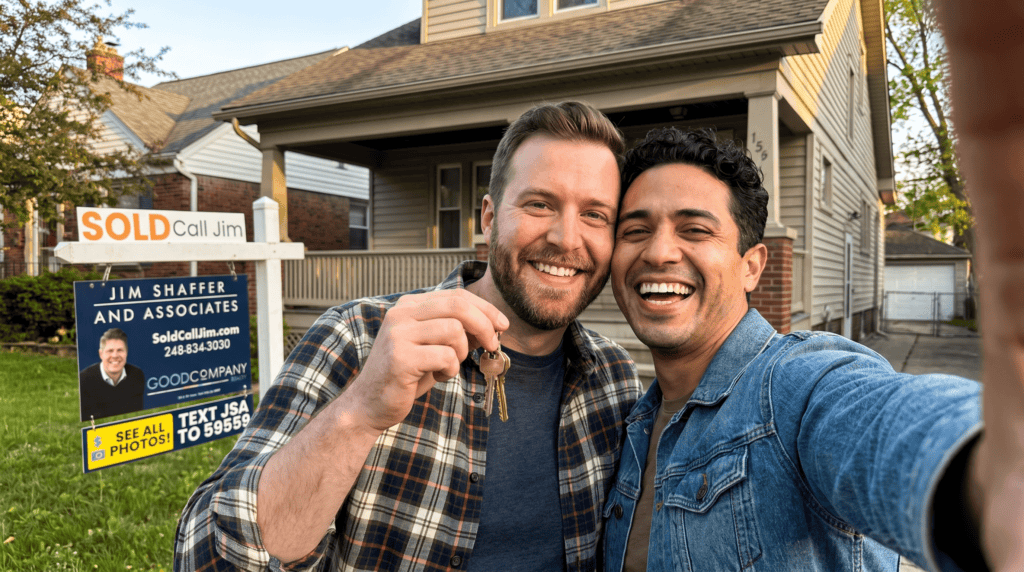 New homeowners outside their Pleasant Ridge, Michigan home, sold by Jim Shaffer & Associates.