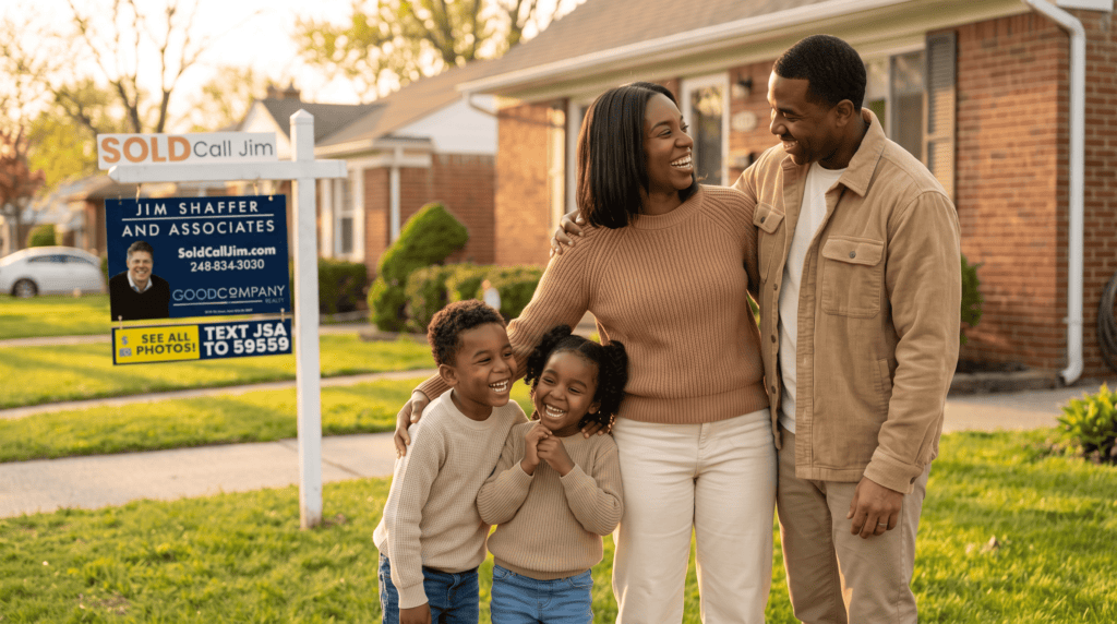 New homeowners outside their Southfield, Michigan home, sold by Jim Shaffer & Associates.