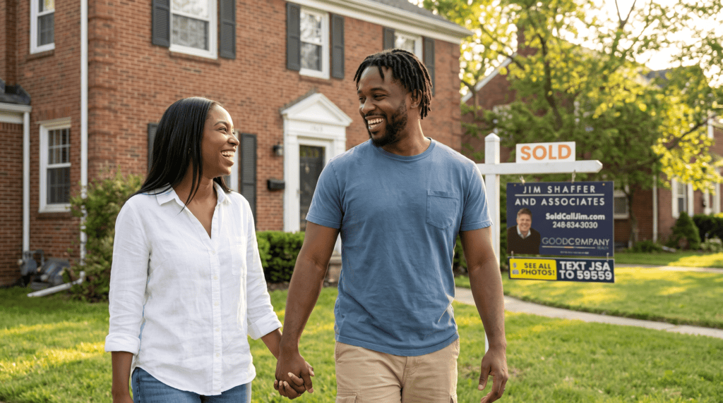 New homeowners outside their Pontiac, Michigan home, sold by Jim Shaffer & Associates.