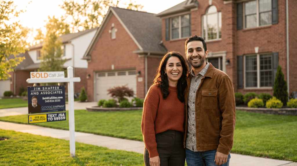 New homeowners outside their Warren, Michigan home, sold by Jim Shaffer & Associates.