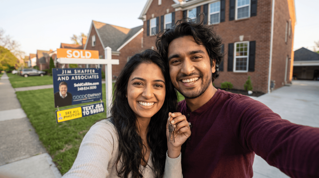 New homeowners outside their Troy, Michigan home, sold by Jim Shaffer & Associates.