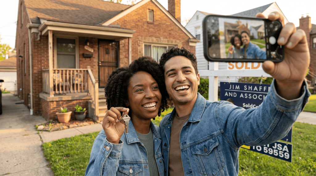 New homeowners outside their Wyandotte, Michigan home, sold by Jim Shaffer & Associates.