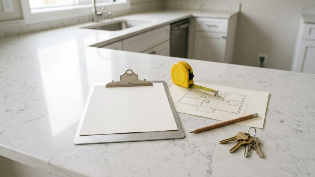 Clipboard, yellow tape measure, floor plan drawing and house keys on a bright kitchen counter during a home appraisal