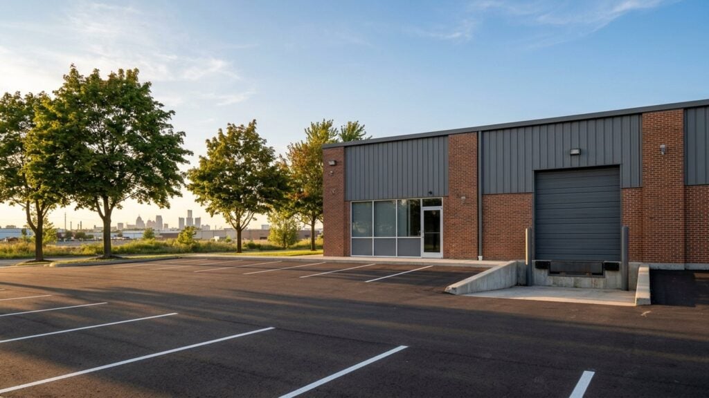 Brick and metal light industrial flex building with a loading dock in a Metro Detroit industrial park at golden hour