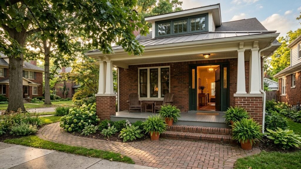 Covered front porch of a 1920s brick bungalow in Ferndale Michigan with the front door open at golden hour