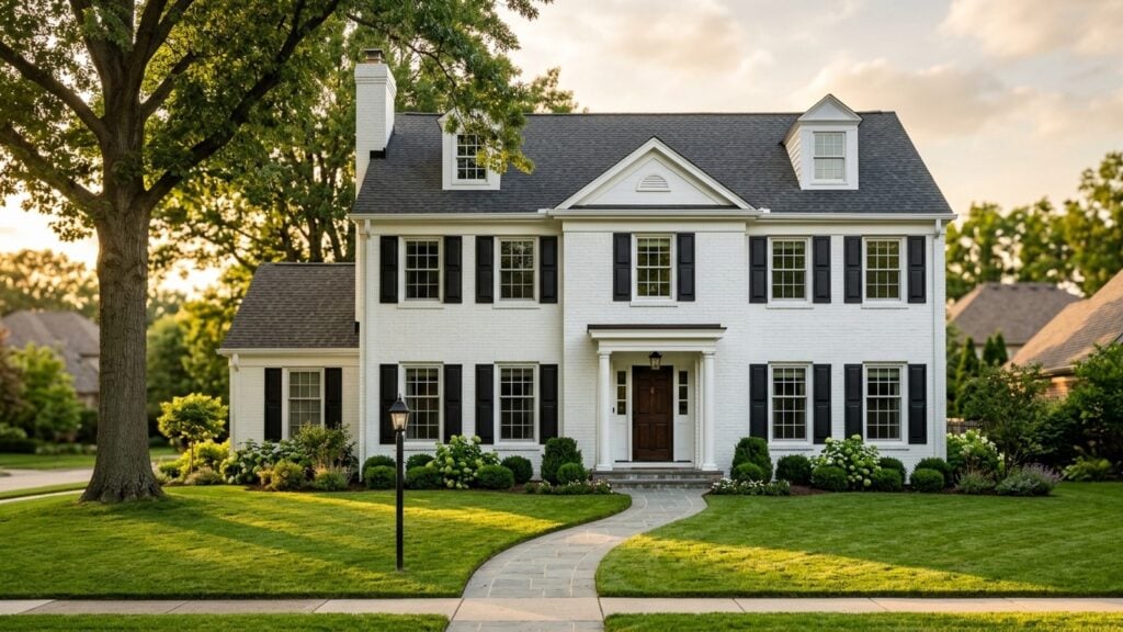 Two story white painted brick colonial home with black shutters and a manicured lawn in Oakland County Michigan at golden hour