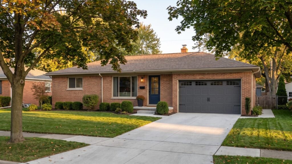 Brick ranch home in a Metro Detroit suburb with a new charcoal garage door and freshly painted navy front door at golden hour