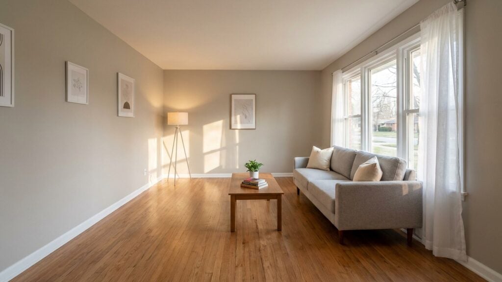 Neutral staged living room with hardwood floors and afternoon light in a Metro Detroit home prepared for listing photos