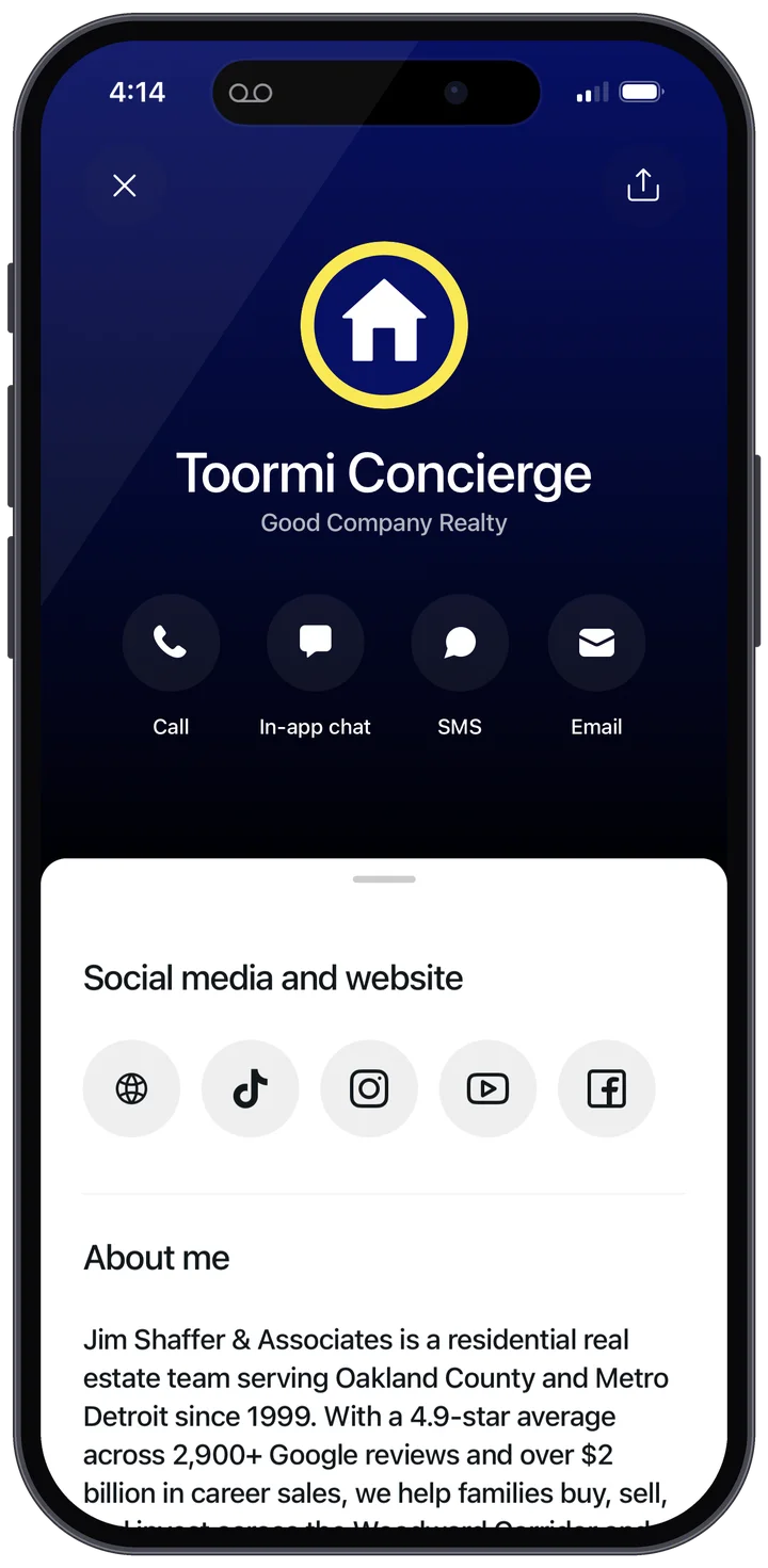 Toormi app: Toormi Concierge, reach the team by call, chat, text, or email