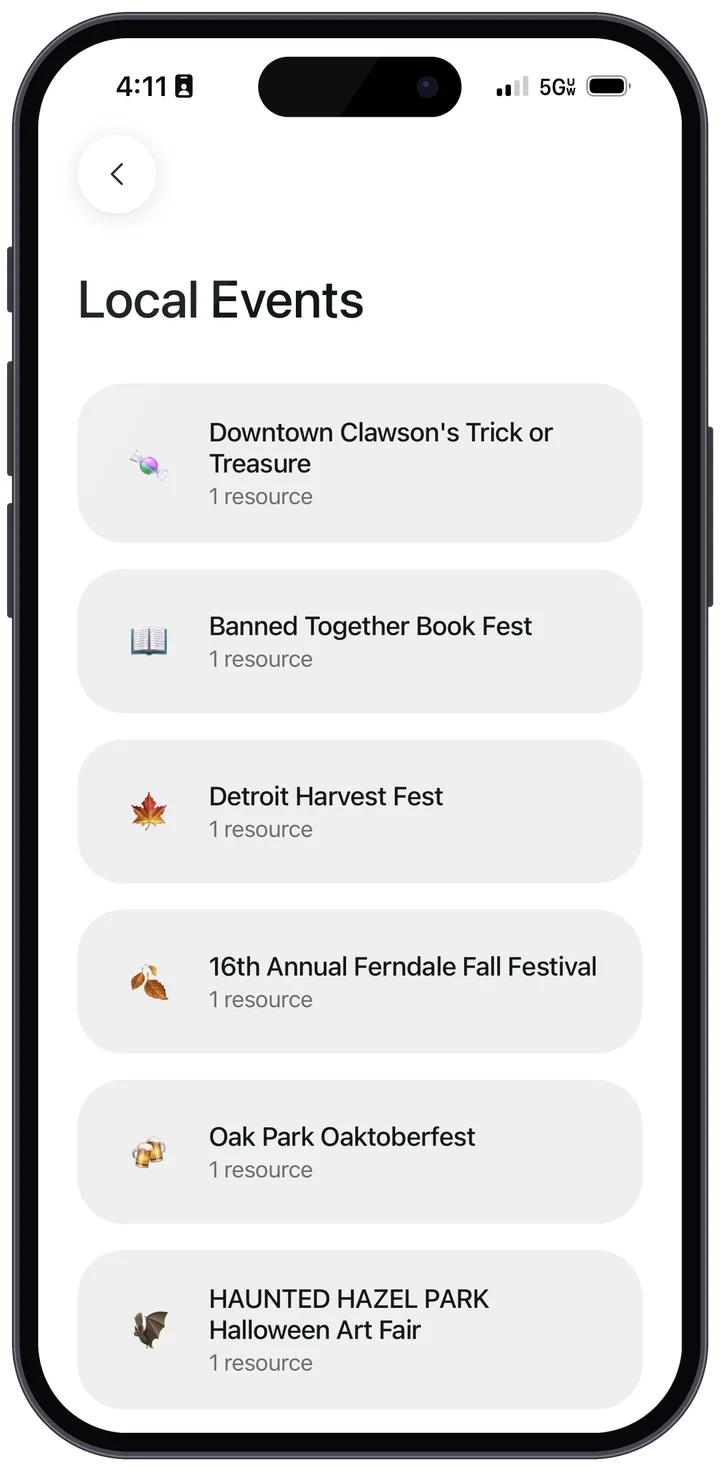 Toormi app: Local Events list